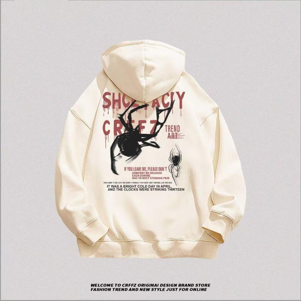 Men's Trendy Spider Print Velvet Hoodie - Autumn/Winter Loose Fit, High-End Feel, Couple's Outerwear.