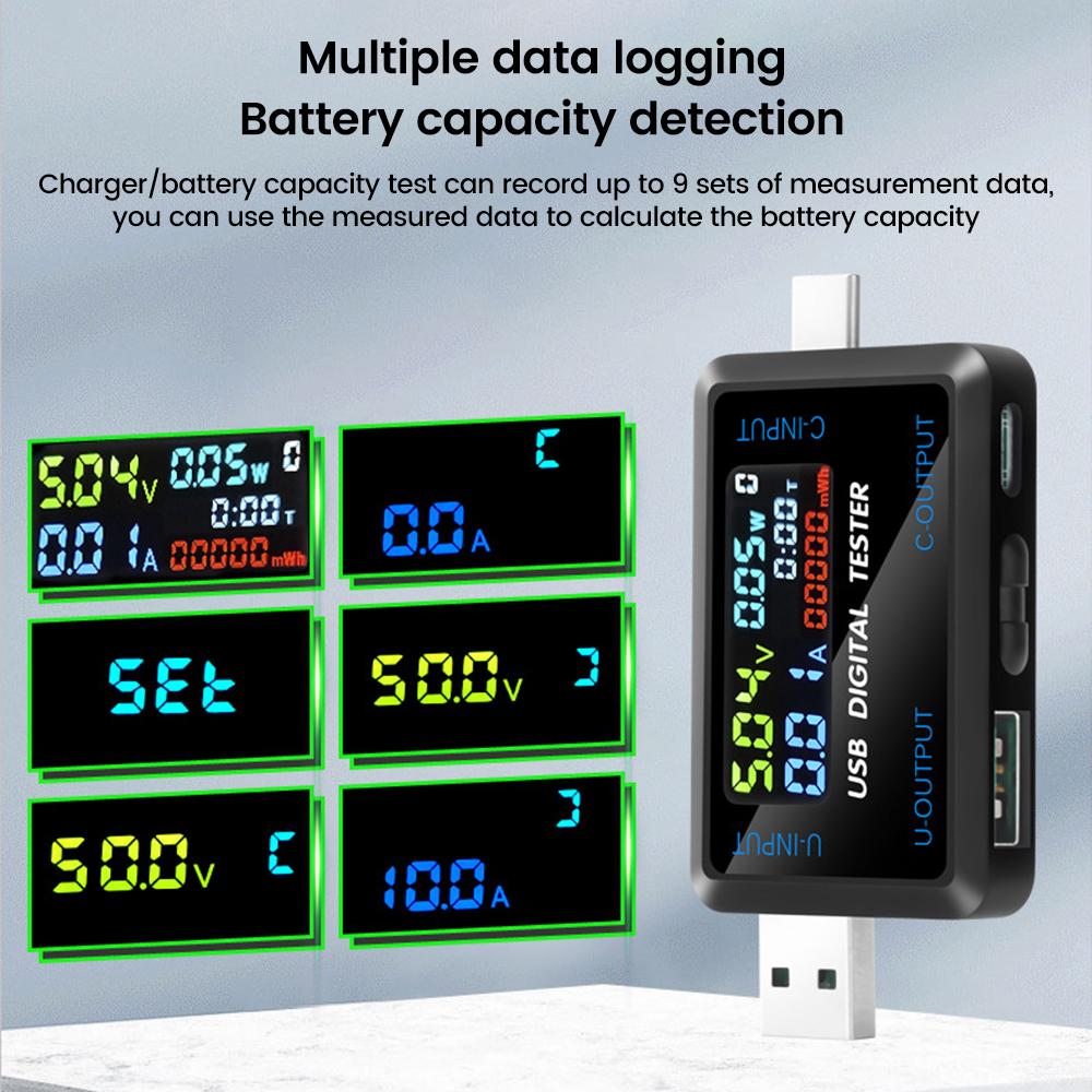 10 in 1 USB Type-C Voltmeter Ammeter Capacity Tester DC 4.5~36V 0-8A Multiple Fast Charging Protocols Automatic Detection
