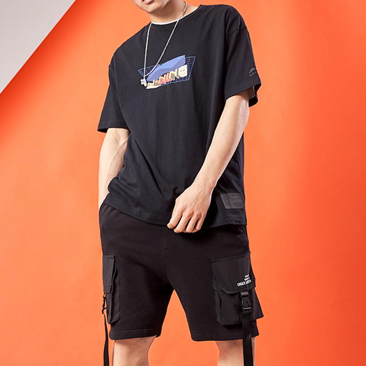 Li Ning Summer Printed Loose Round Neck Sports Short Sleeve T-Shirt Men Tops Black AHSQ561-3