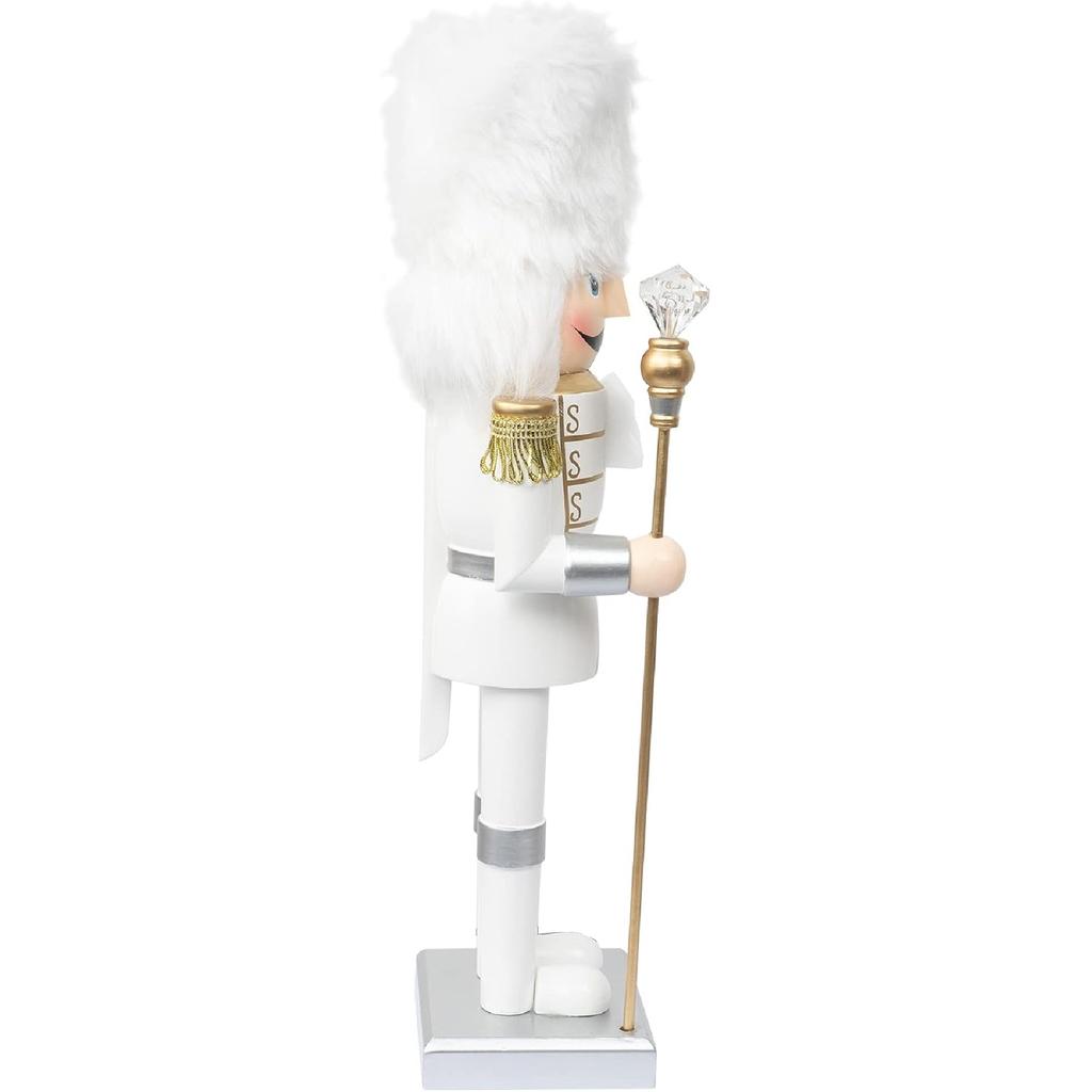 FUNPENY 14" Christmas Decorative Nutcracker Figures, Handmade Wooden Soldier In White Uniform Hold Scepter, Festive Collectible Nutcracker Gift for