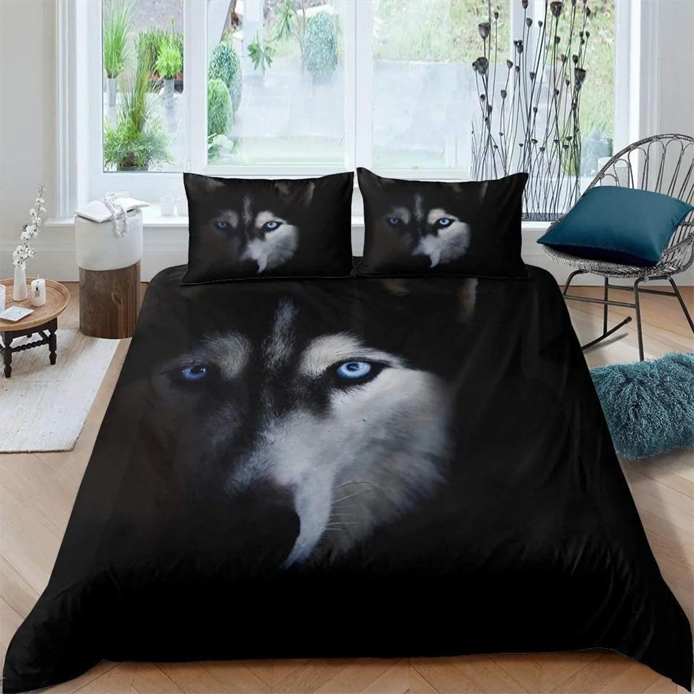 Cute Husky Puppy Bedding Set Polyester Flower Jungle Print Duvet Cover Double Queen King Size