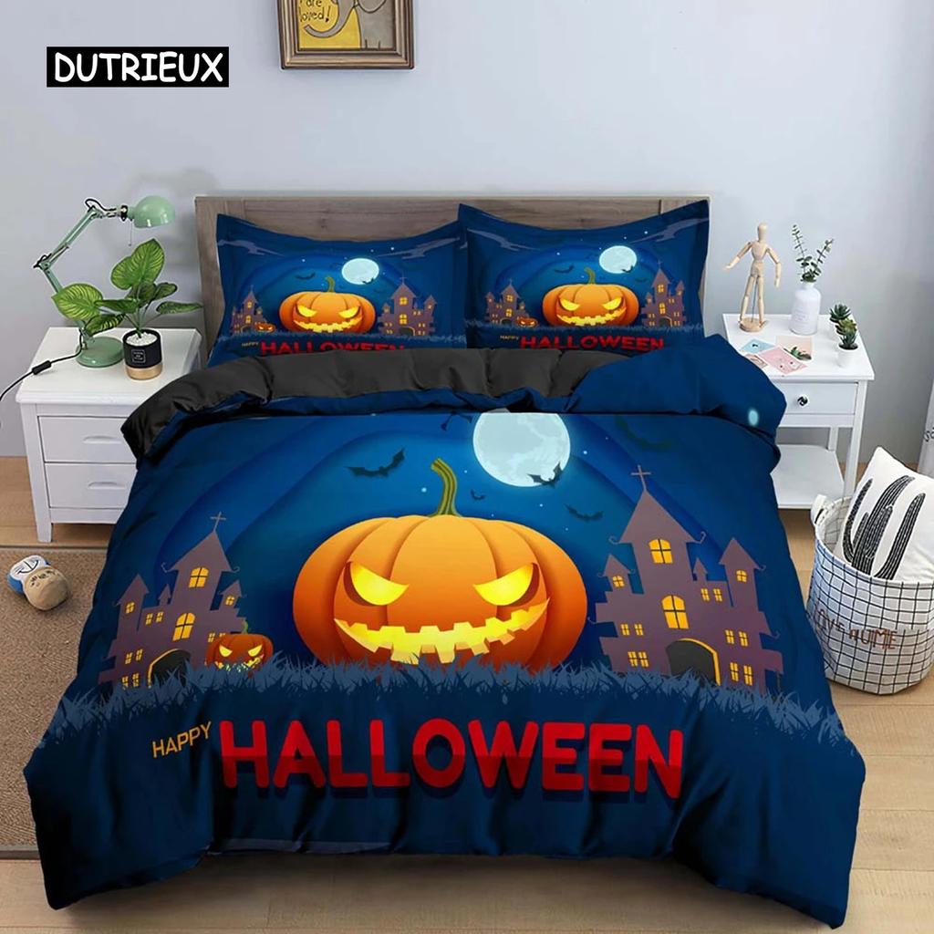 Halloween Duvet Cover Evil Pumpkin Pattern Bedding Set Carnival Night Halloween Holiday Decoration for Teens Boys Bedroom Decor