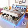 Gestoffeerd Bed 180*200 met Hydraulische Opbergruimte, Lamswol Stof, LED Verlichtingsstrip en USB-poort, Metalen Lattenbodem, Extra Grote Opbergruimte, Grijs
