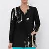 Women Plus Size V Neck Long Sleeve Black Gold Geometric Printed Nurse Scrub Top With Front Pockets