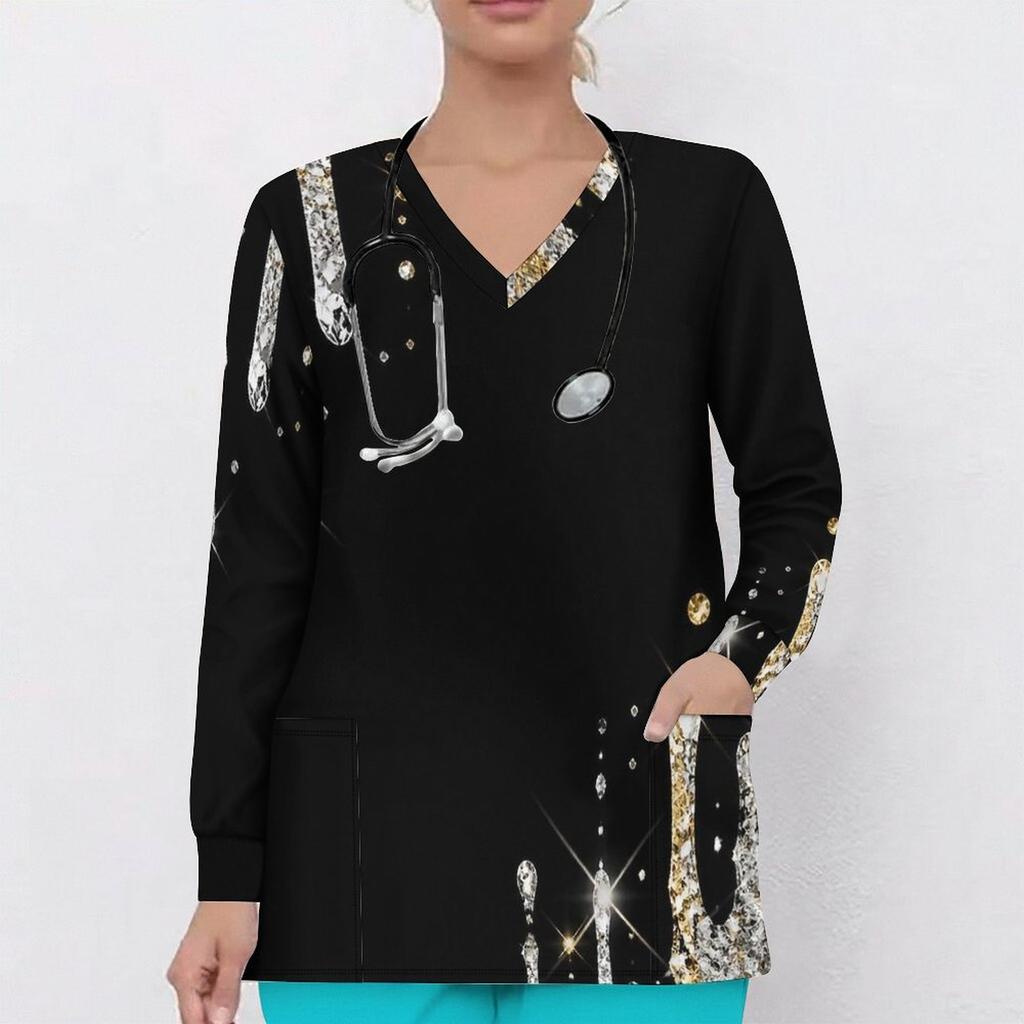 Women Plus Size V Neck Long Sleeve Black Gold Geometric Printed Nurse Scrub Top With Front Pockets