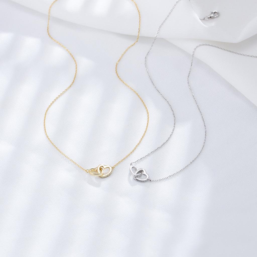 Sterling Silver Simple Diamond-set Love Interlocking Necklace Female Korean Version Classic Temperament Heart-shaped Versatile Collarbone Chain
