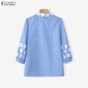 ZANZEA Women Casual Turn Down Collar Loose 3/4 Sleeve Grid Print Blouse