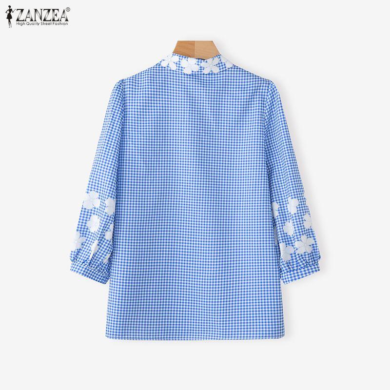 ZANZEA Women Casual Turn Down Collar Loose 3/4 Sleeve Grid Print Blouse