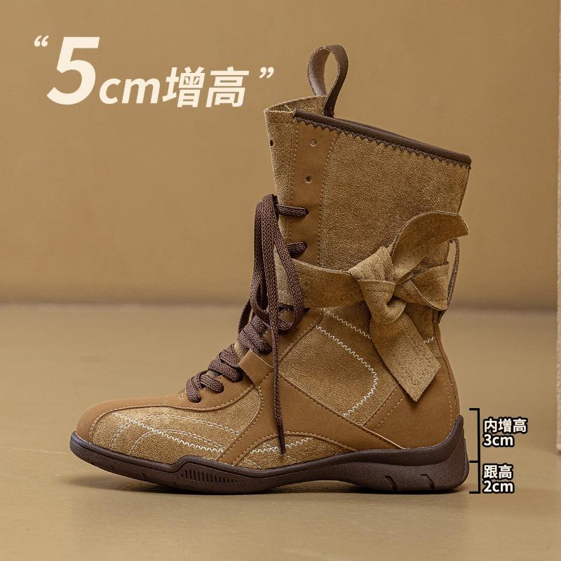 Retro Boxing Boots Inner Height Increasing Suede Maillard Fashion Medium Boots Women's Sports Outdoor Boots Autumn