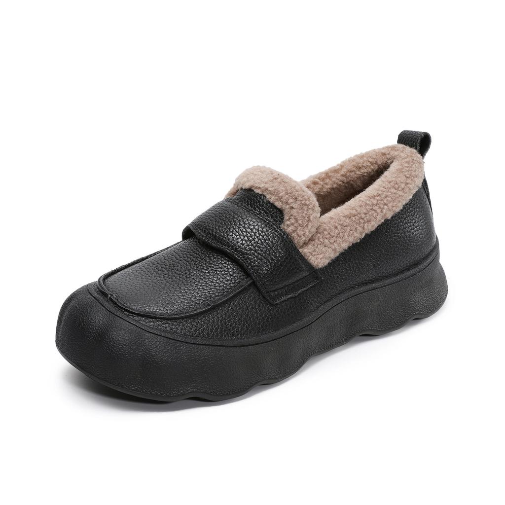 Johnature Genuine Leather Flat Slip-on Cotton Shoes Casual Soft Sole With Plush Warm Women's Loafers