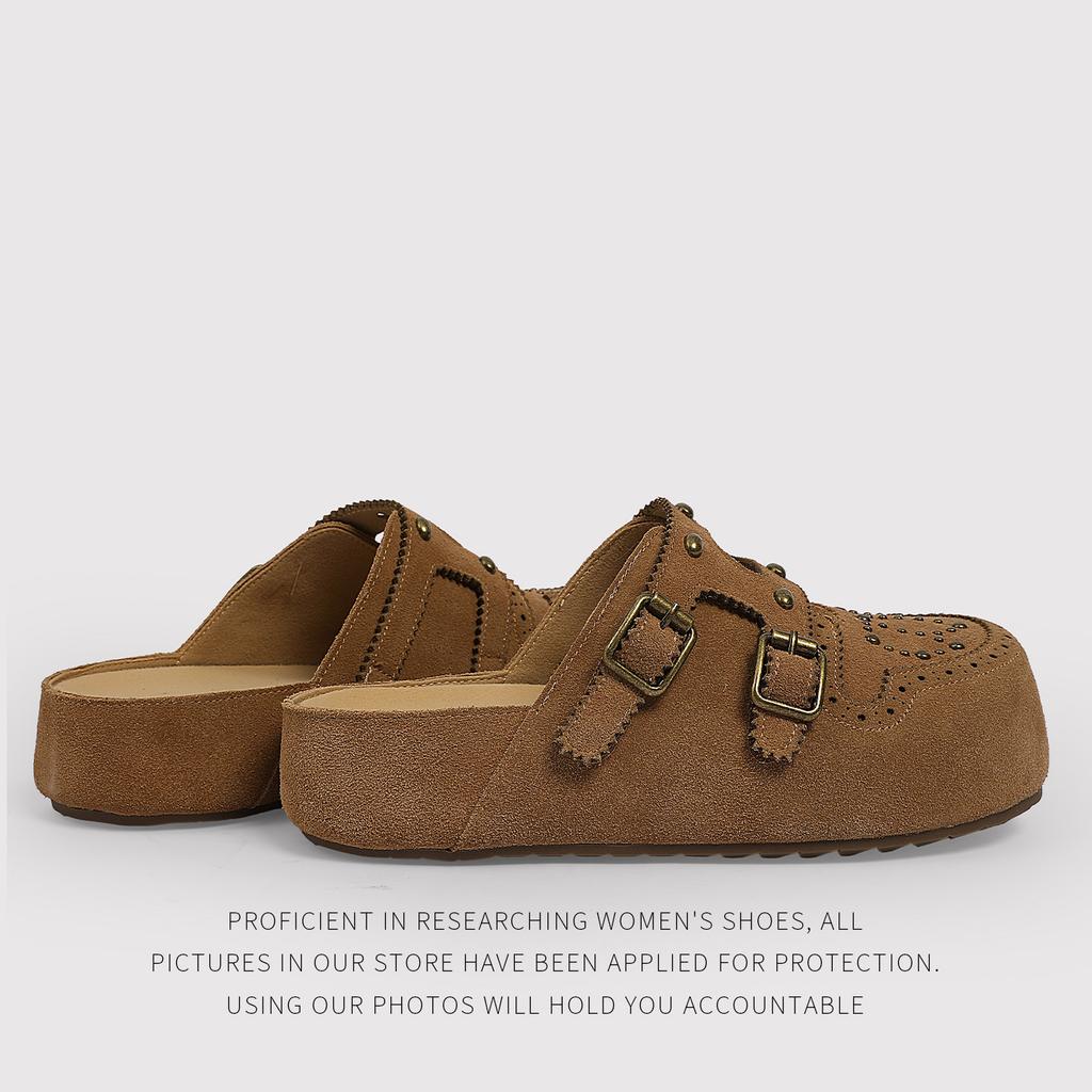 Spring Retro British Style Bag Head Slippers Women Wear A Pedal Buckle Flat Heel Half Slippers Wholesale