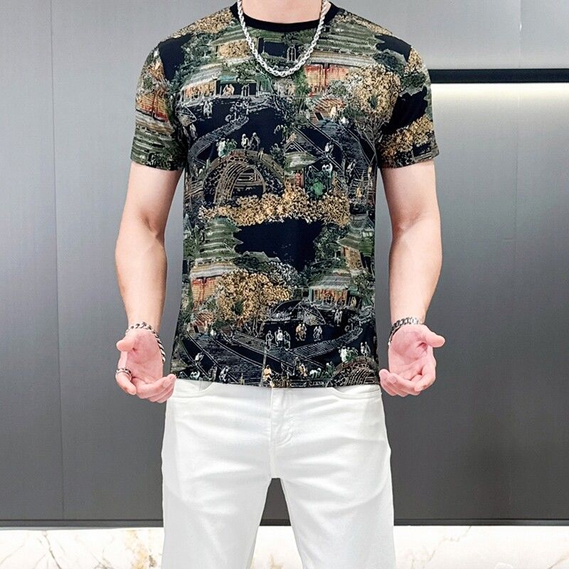 Ice Silk print Short-sleeved T-shirt Men's Summer Thin Breathable Top for Youth Casual Sports Hollow Half-sleeved Base Shirt