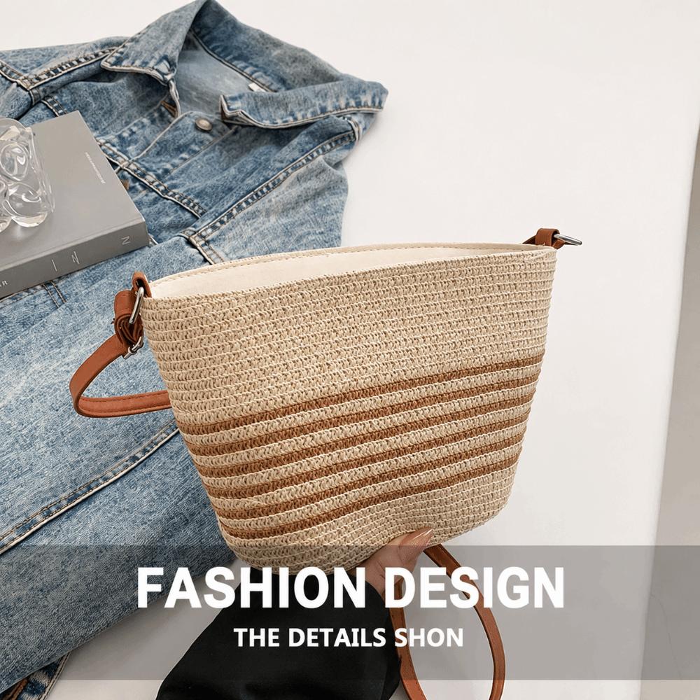 Woven Straw Shoulder Bag Handmade Large Capacity Crossbody Bucket Bag Zipper Closure Crossbody Strap Beach Vacation Handbag