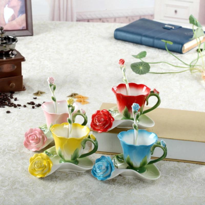 Enamel Flower Cups Dish Spoon Set Ceramic Mug, Colorful Breakfast Milk Coffee Mugs, Wedding Gift Creative Tea Cup, Kawaii Cup