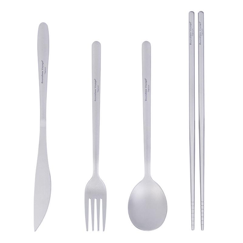 Ultra-light Pure Titanium Cutlery Set: Spoon, Fork, Knife, Chopsticks with Portable Storage Bag and Box