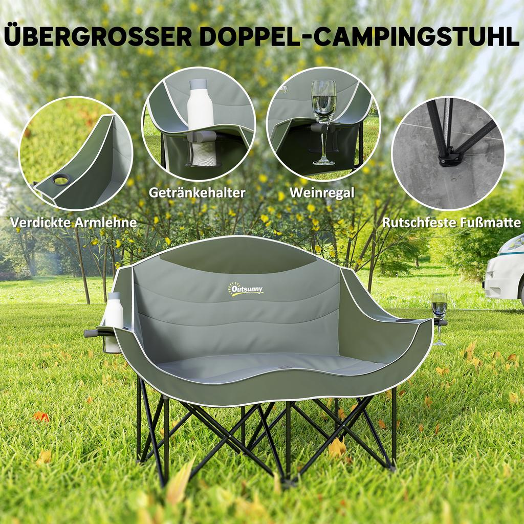Folding Chair Foldable 2-Seater Camping Chair with Cup Holder Carry Bag up to 250kg Load Capacity Green