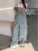 Autumn 2025 College Style Cartoon Embroidered Wide-Leg Denim Overalls