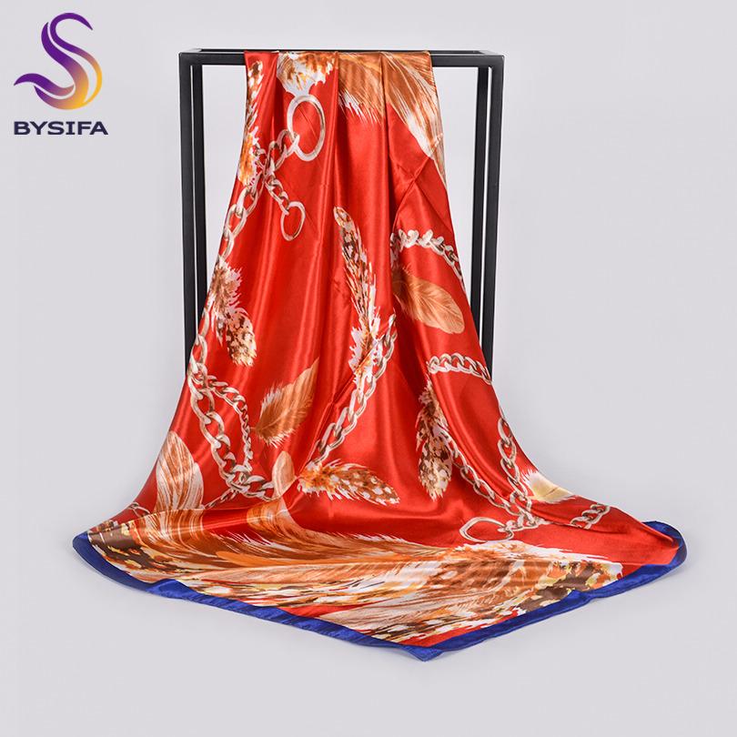[BYSIFA] White And Pink Silk Scarf Shawl Fashion Brand Floral Satin Square Scarves Hijabs Autumn Winter Headscarves Wraps 90*90