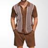 2-teilige Outfits Sommer Kurze Sets für Herren Vintage Strick Knopfleiste Hemd Kurzarm Poloshirt Lässige Strand Anzüge Herren Hemd Oberteil und Shorts Passendes Set