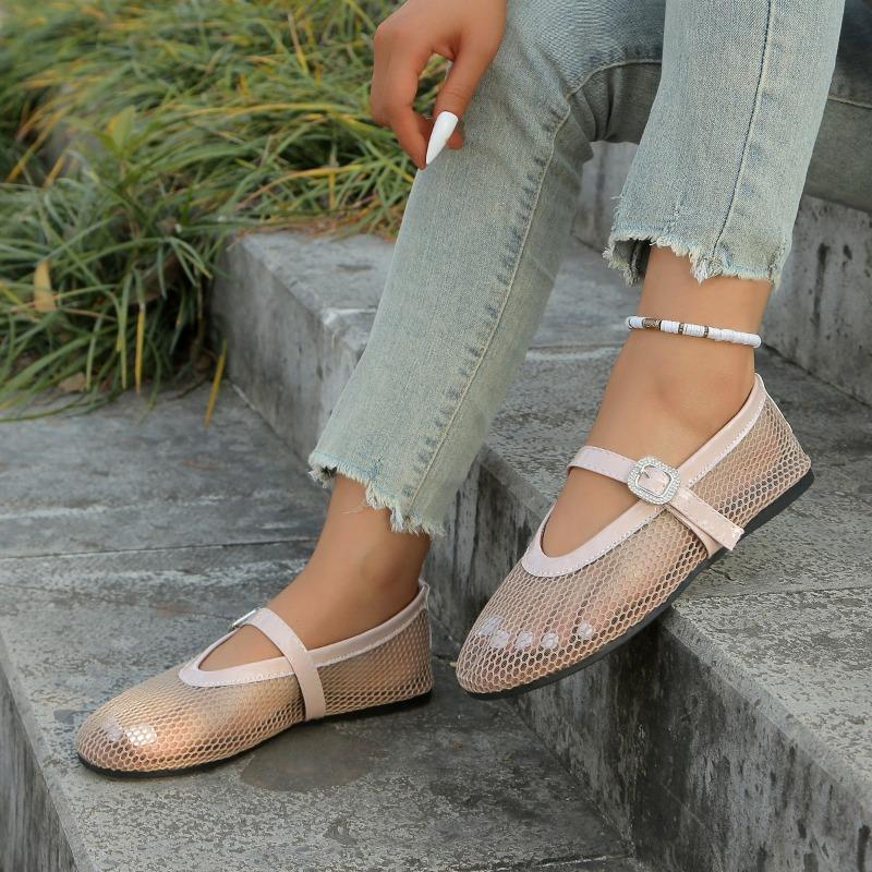 Spring New Sandals Women's Round Head Shallow Mouth Net Cloth Metal Buckle A Word with Soft Sole Non-slip Flat Shoes