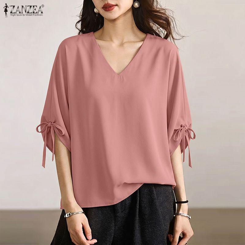 ZANZEA Women Casual V-Neck Loose Drawstring Half Sleeve Blouse
