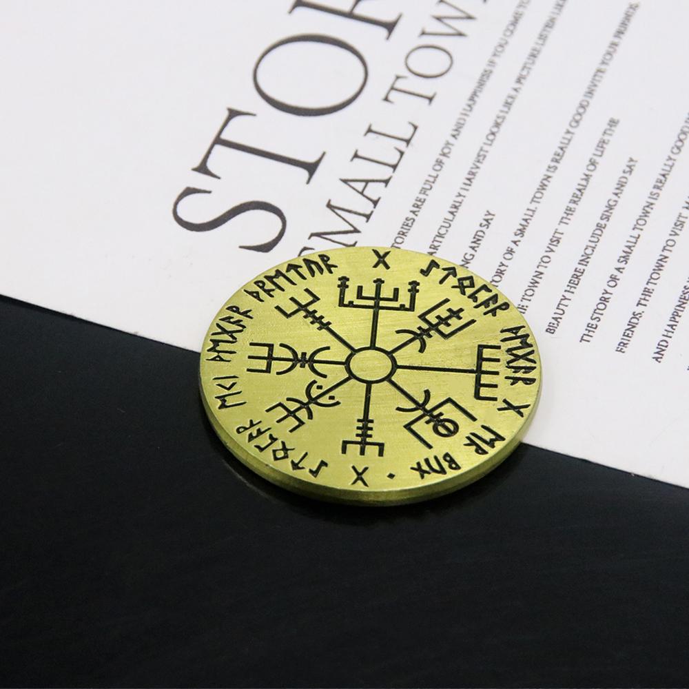 Nordic Vegvisir Viking Compass Coin Magical Rune Staves Numbering Coins Collection Talisman Souvenir Ornament
