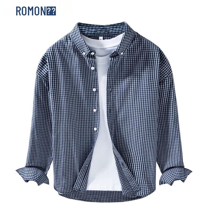 ROMON Men s Japanese Style Plaid Drop-Shoulder Long Sleeve Shirt 2XL