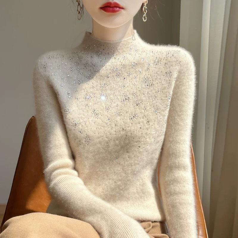 Schwerer Strass-Pullover für Damen, dick, Winter, Slim Fit, innen gestrickter Basis-Pullover-Top