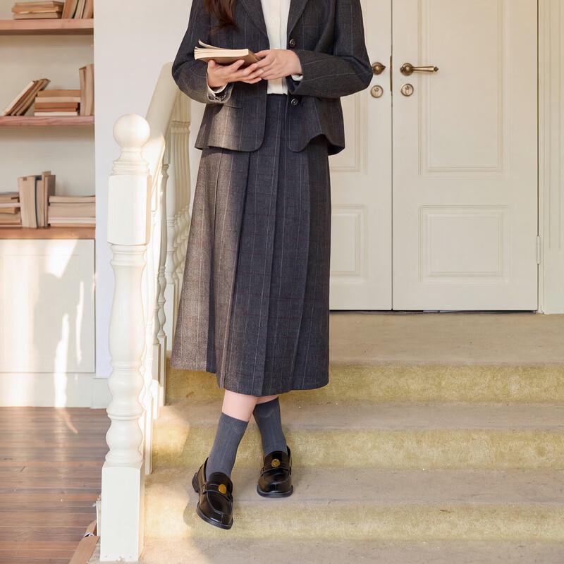 Sancai Winter Wool-Blend Plaid Pleated Midi Skirt