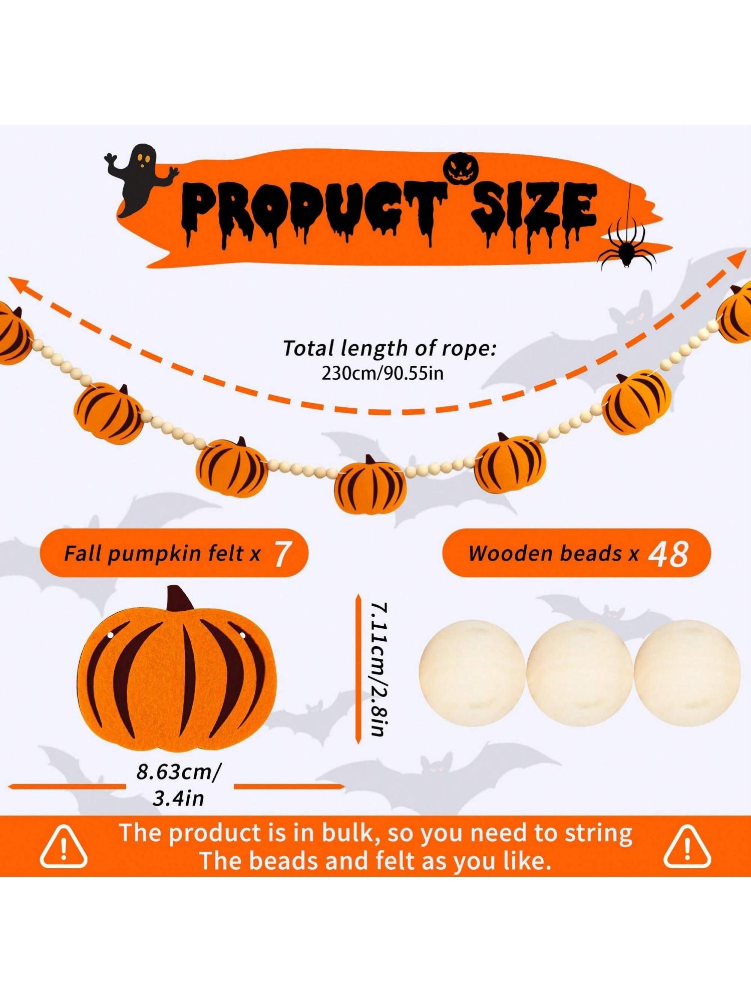 

Halloween Pumpkin Wooden Bead Garland Banner Felt Pumpkin Wall Decor Fall Themed Hanging Decor for Fireplace, Home& Indoor Party