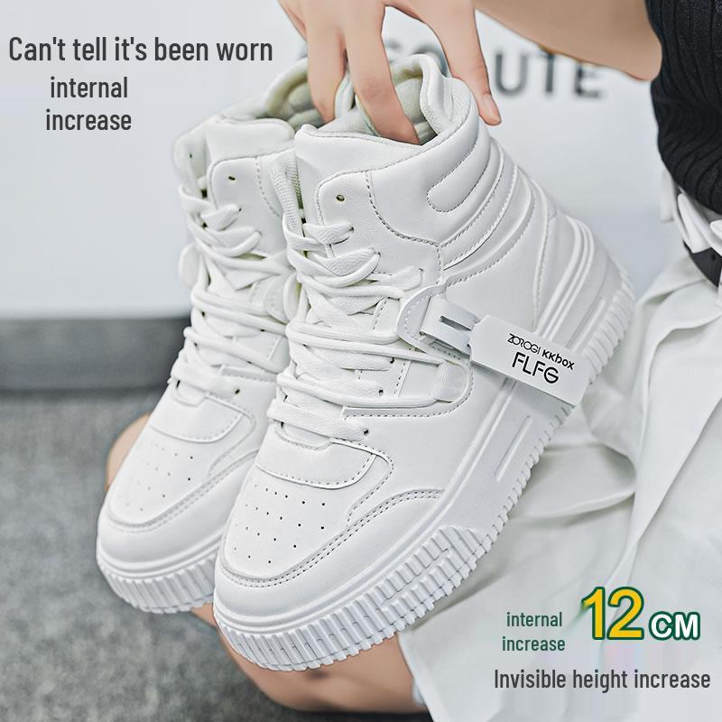 High-Top Comic Con Weiße Schuhe mit 10cm Innenhöhenerhöhung, 12cm Dicke Sohle - Trendige Koreanische Style Freizeit Sport Board Sneaker
