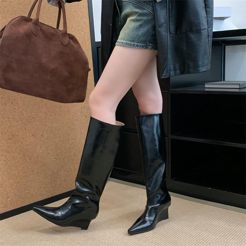 Eilyken Autumn Winter Design Pointed Toe Women Knee High Boots Ladies Shoes Wedges Heels Modern Long Booties Largas Mujer