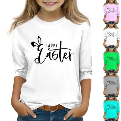 Children's 3/4 Sleeve Tops Casual Print T Shirt Round Neck Pullover Blouse