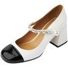 Pearl Mary Jane single shoes women's 2025 new thick heel square head one-word buckle French high heels medium heel versatile patent leather