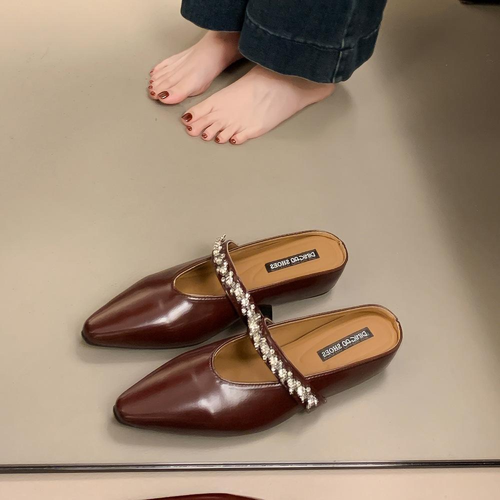 French Outer Wear Niche Rhinestone Bag Head Half Slippers Women's Shoes 2025 New Summer Height Increase Muller Cool Slippers