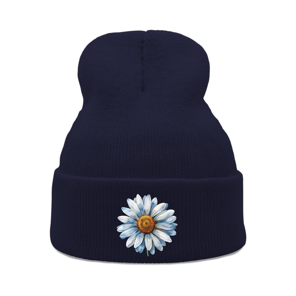 Blue Daisy Print Warm Winter Hats Unisex Knitted Hat Beanie Man Cap Stretchy Warm Knit Cap Beanie Ideal Choice For Gifts