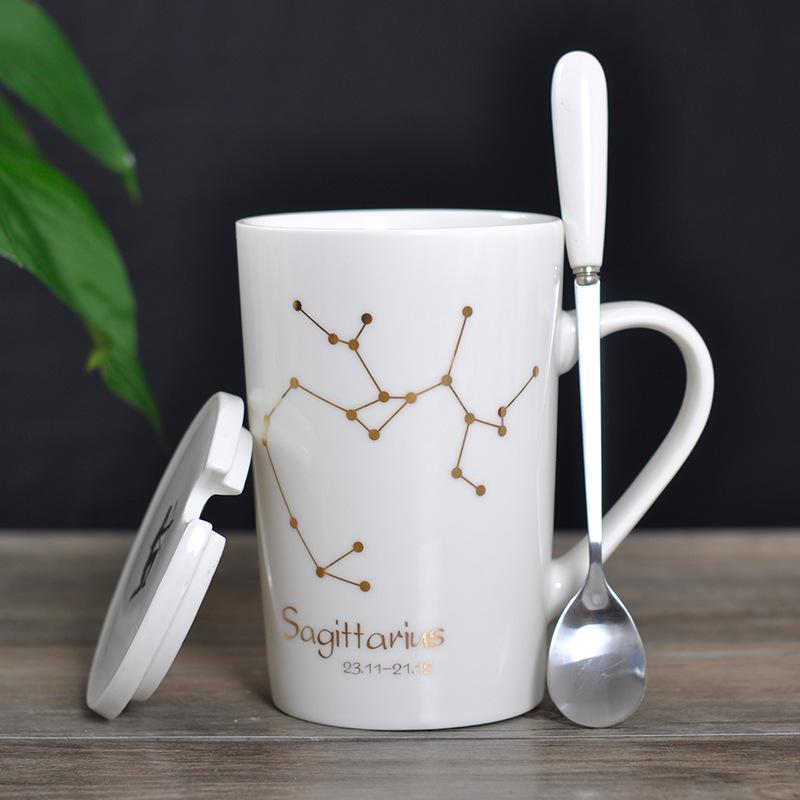 Zodiac Ceramic Mug Set: Gold Constellation Design with Lid & Spoon