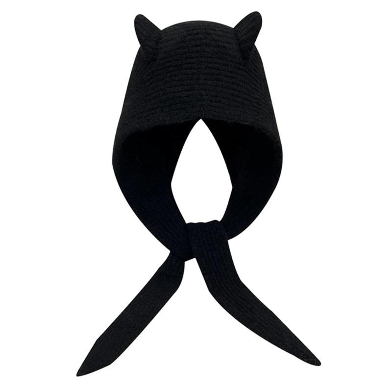 Lovely Devil Ear Knit Hat With Neck Wrap Breathable Pullover Hat For Women Daily Outfit and Outdoor Cycling Walking