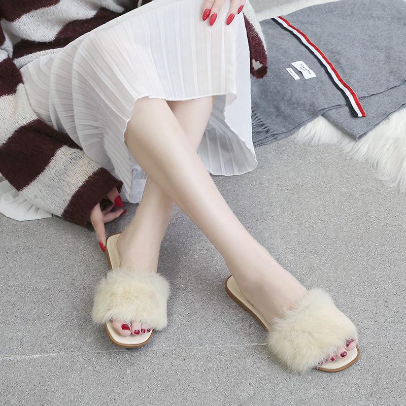Internet Celebrity Mao Mao Slippers Women's Shoes 2024 New Autumn New Wear Summer Versatile Flat Bottom Sandals Fluff