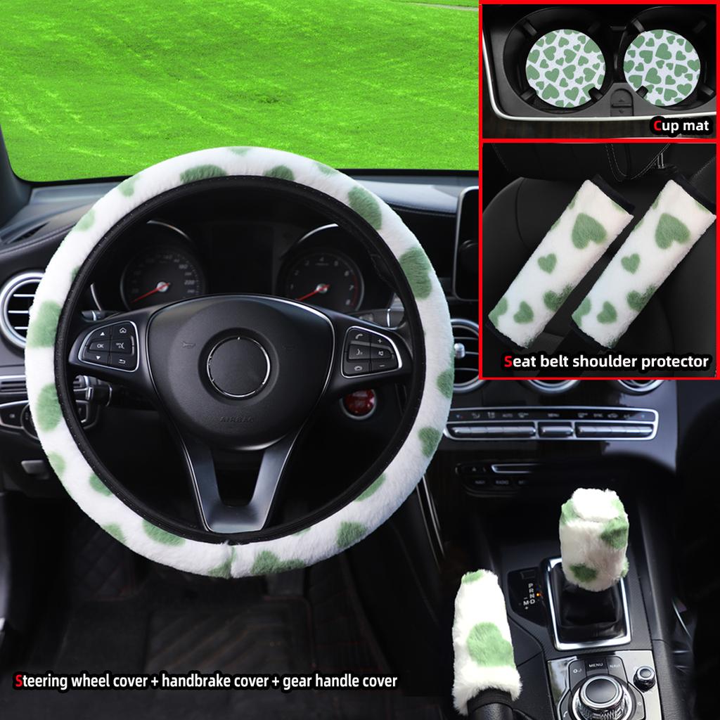 Love Plush 7-piece Car without Inner Ring Steering Wheel Cover Shoulder Cover Handbrake Cover Cover Handle Cover Accessories