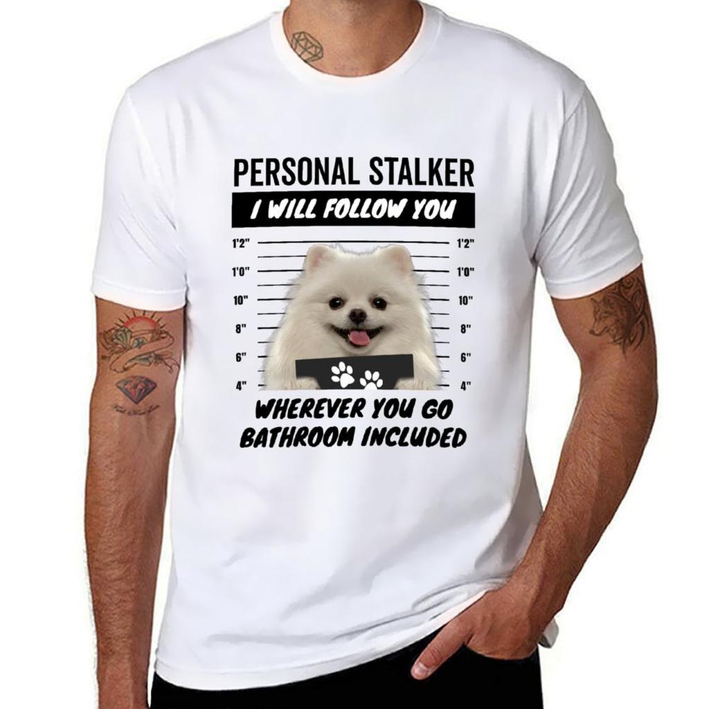 Personal Stalker Dog White Teacup Pomeranian Tshirt Casual Minimalist Short Sleeve Top