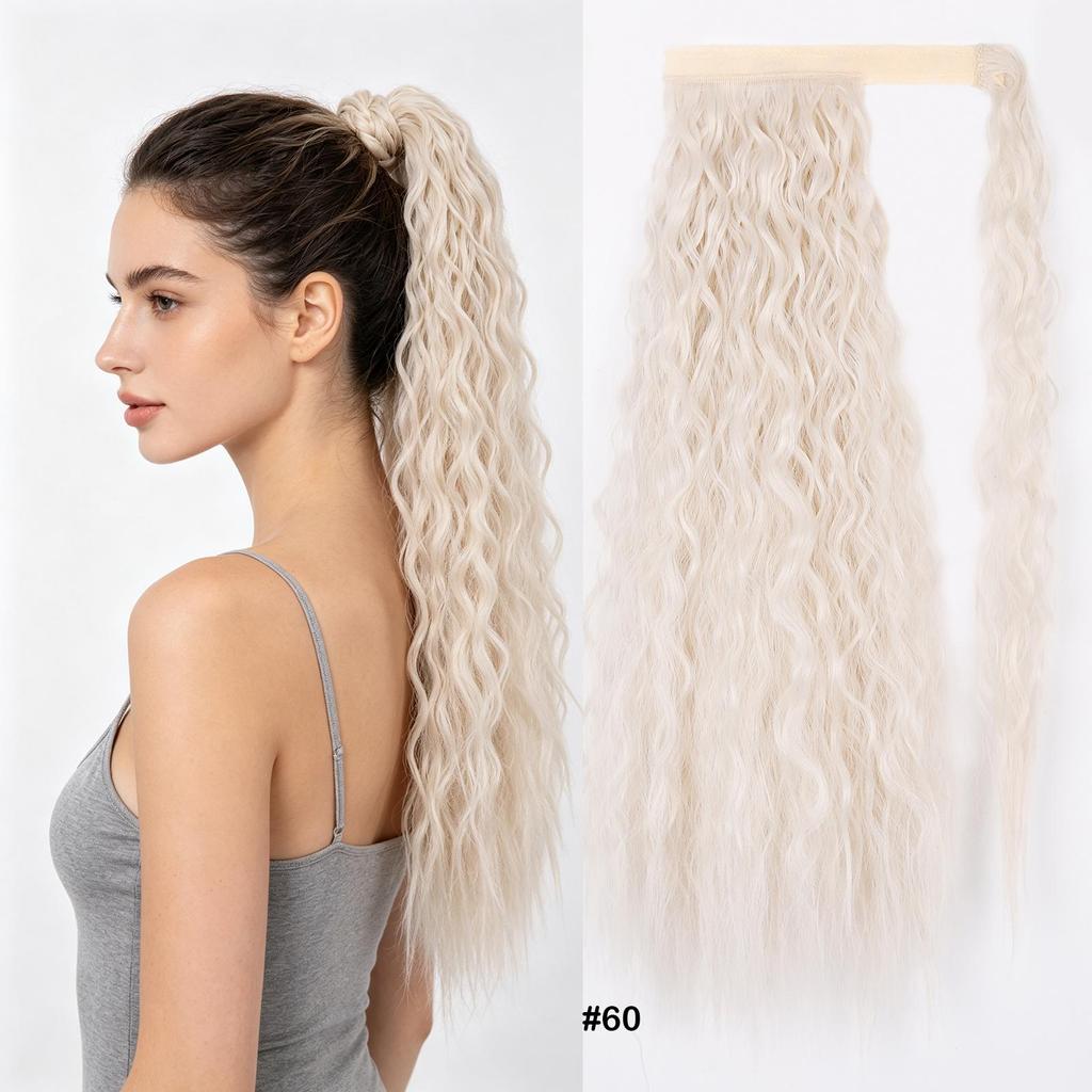 Ponytails Magic Tape Corn Wave Curly Ponytail Extension 22Inch 55cm Long Synthetic Hairpiece for Women