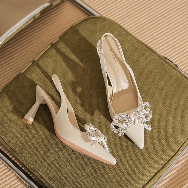 

7513-3 [sheepskin] pointed high heels women s thin heels 2025 new bag head rhinestone bow sandals 39