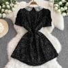 Summer Women Sweet Peter Pan Collar Black Sequined Diamonds Button Mini Short Fairy Princess Party Dresses