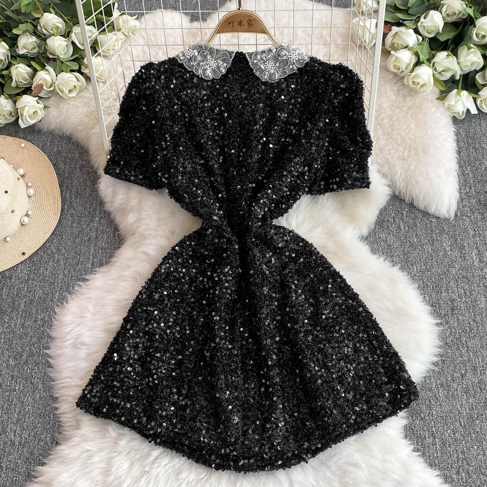 Summer Women Sweet Peter Pan Collar Black Sequined Diamonds Button Mini Short Fairy Princess Party Dresses