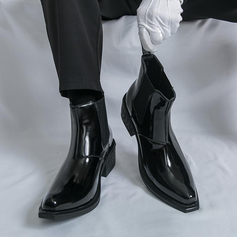 Britische Stil kleine quadratische Zehenpartie Chelsea Boots, Herren Mittelhohe Stiefel, Personalisierte Schwarze Lederschuhe, High-Heeled Martin Boots