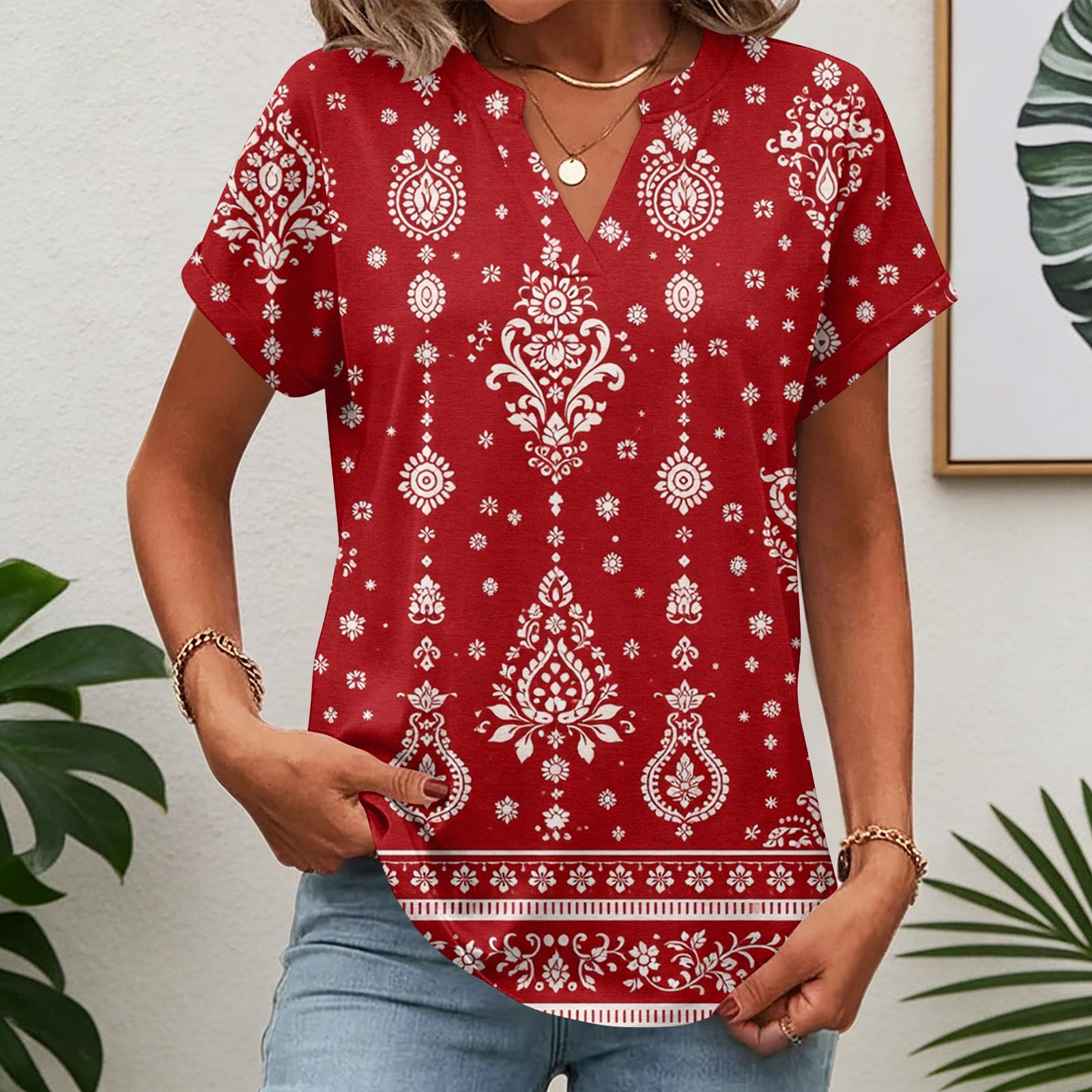 

Womens Tops Short Sleeve Tee Summer V Neck Shirts Work Blouses Business Tunic L червоний