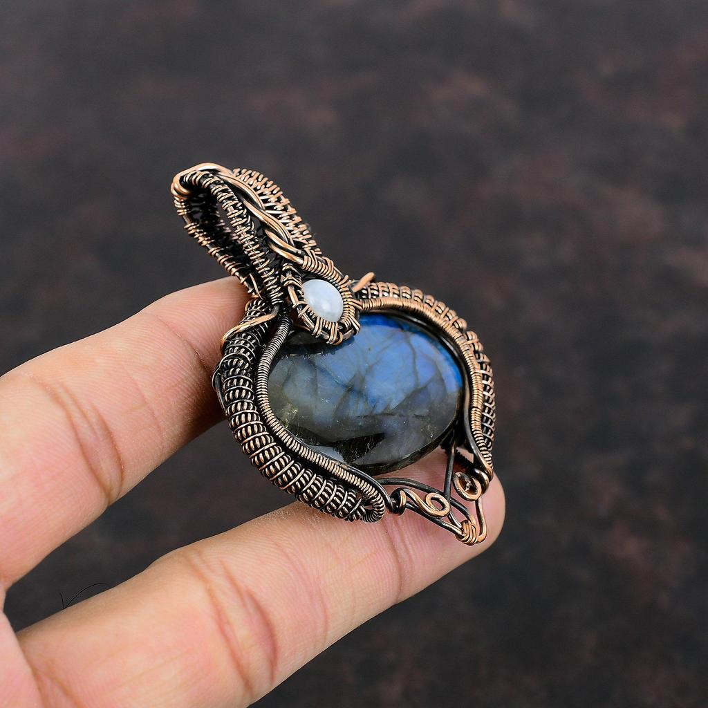 Labradorite Pendant Copper Wire Wrapped Pendant Rainbow Moonstone Pendant Handmade Pendant Gemstone Pendant Copper Wire Jewelry Gift For Her