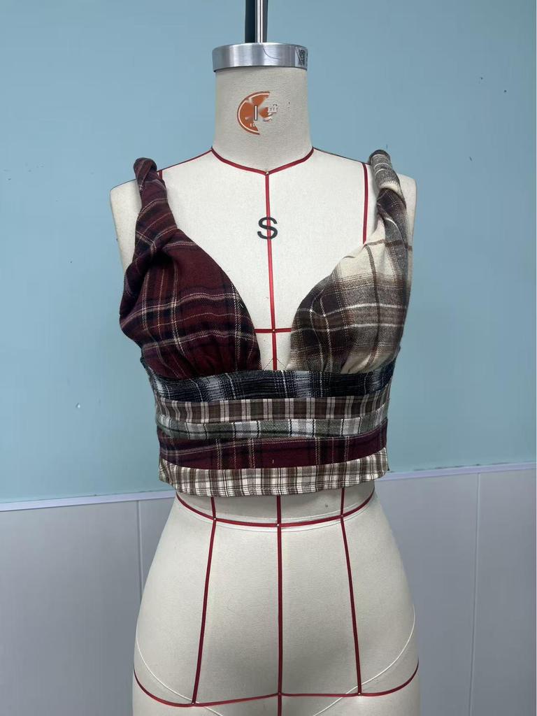 2025 High-Waisted Slimming Plaid Patchwork Zipper Bikini Camisole