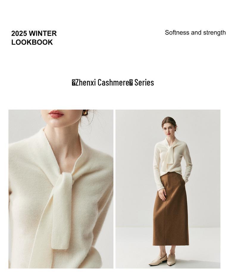 60% Cashmere V-neck Ribbon Knit Top for Women - Loose & Slimming Fit
